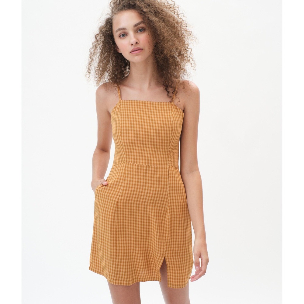 Aeropostale Gingham Mini Dress Womens Size M Yellow Plaid Smocked Retro Boho